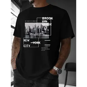 Men's New York Skyline Pattern T-Shirt - Brooklyn Bridge and Central Park Design, Lightweight Summer Casual Clothing Essential, Casual Outing Clothing Graphic Tees Classic Cotton Tee Fashion Round Neck