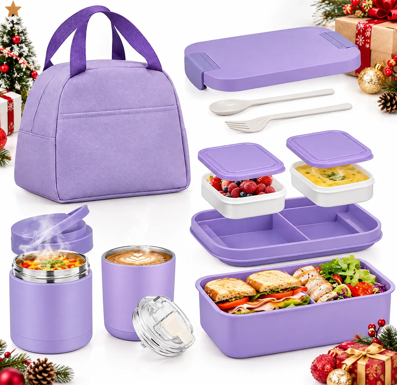 [Back To School]Bento Lunch Box Set with 10.5 oz Insulated Food Jar, 4-Compartment Stainless Steel Leakproof Container, Coffee Tumbler and Lunch Bag for Adults & Kids, School, Office, Travel and Picnics