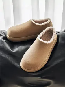 Men's Khaki Fleece - Lined Platform Slippers, Minimalist Home Style, Suede + Fleece Material, Warm & Comfortable, Soft on Feet, Ideal for Home Leisure & Winter Outings