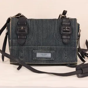 Pre-owned PRADA Denim Buckle Flap Crossbody Bag Blue Canvas & Leather Shoulder Bag Japan