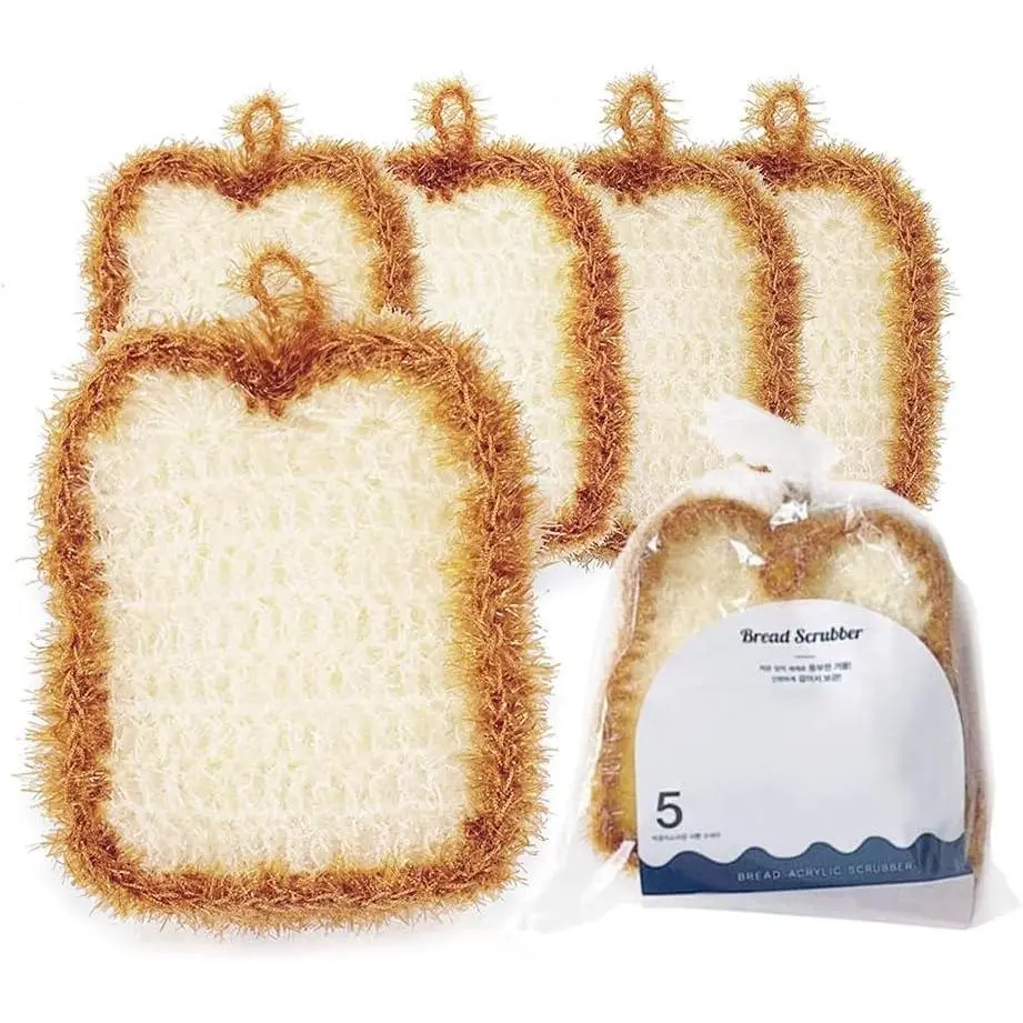 5 count Cute Crochet Scrubbers, Toast Shaped No Odor Non-Scratch  Scrub for Kitchen and Household Use Double Layered Scrubbers Cleaning Wash Sponge