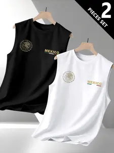 Men's Knit Sportswear 2-Piece Set, Sleeveless Mexican Emblem Vintage Print, Summer Activewear, Outdoor Activities, Durable and Comfortable Fit
