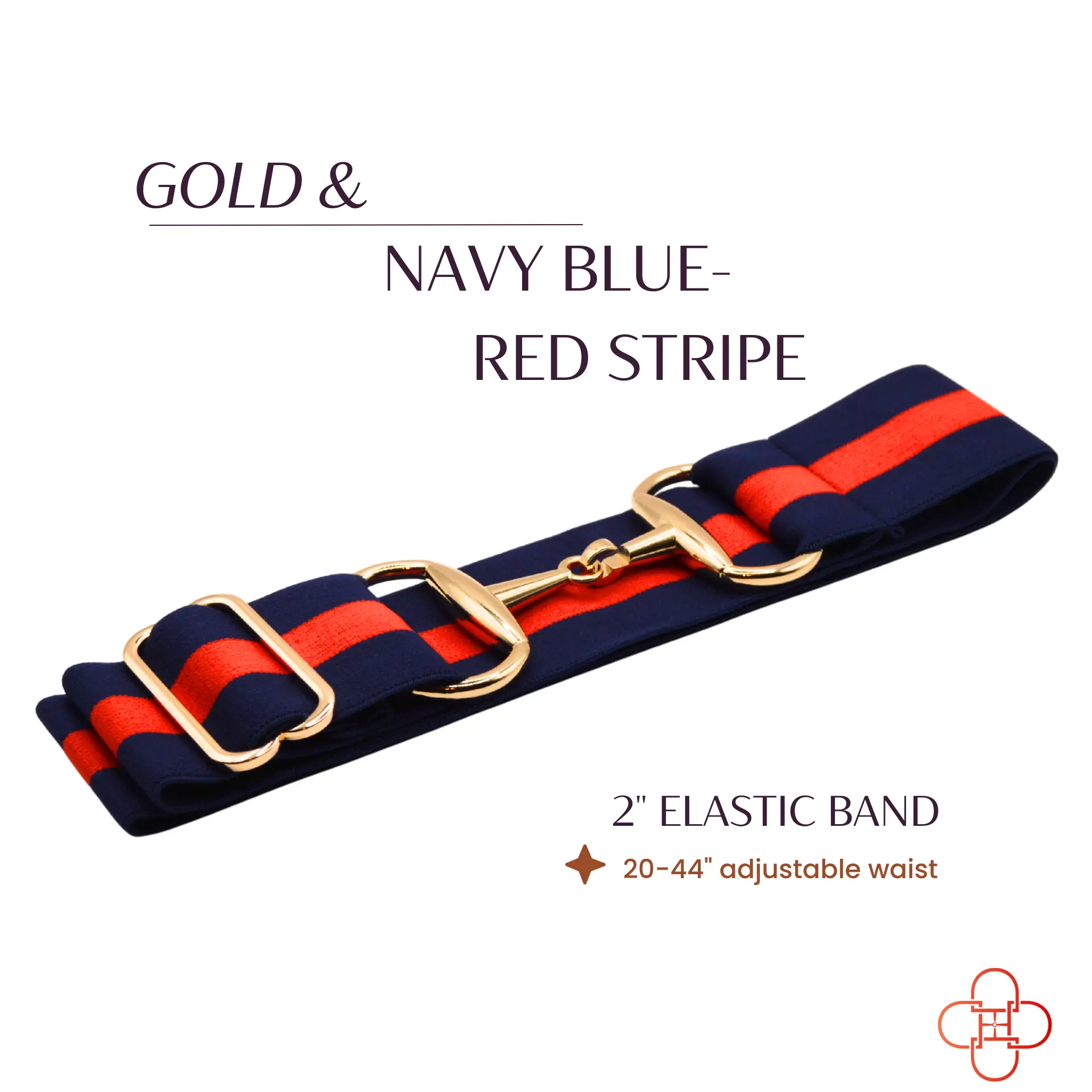 2 inch Luxury Elastic Equestrian Belt, Horse Riding Belt with Gold Buckle, Stretchable and comfortable waist (Navy and Red Stripe)