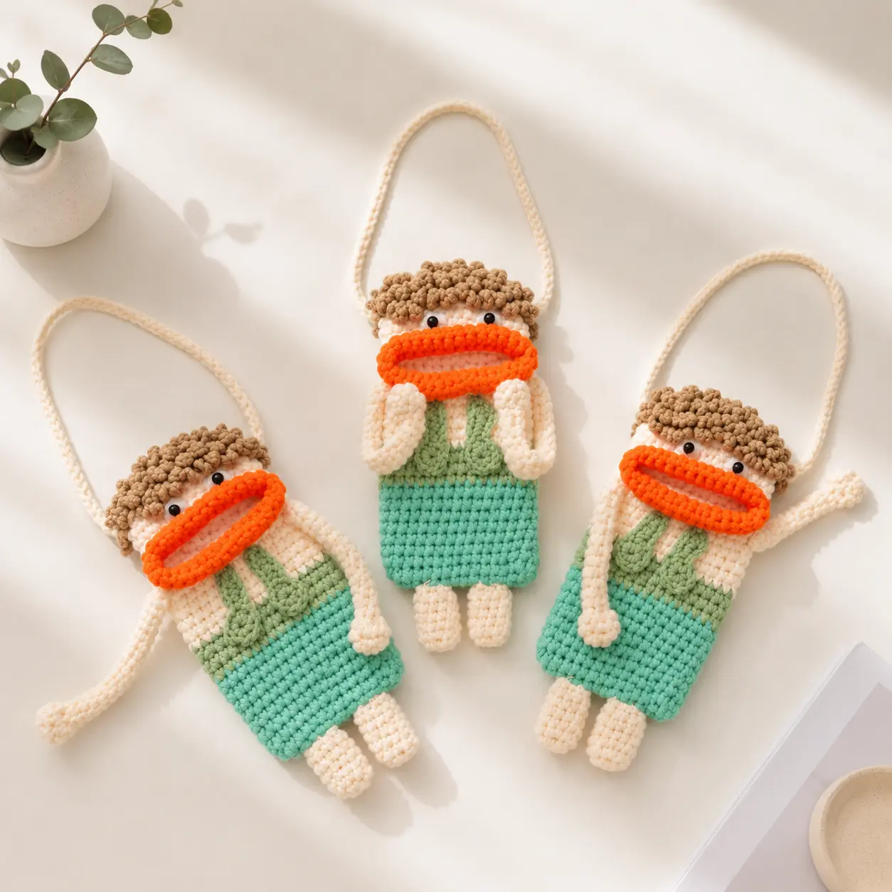 Women's Handmade Funny Doll Crochet Character Phone Crossbody Bag, Cute Knit Cell Phone Pouch for Girls