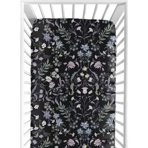 Sweet Jojo Designs Fitted Baby Crib Sheets (Black & Purple Wildflower Vintage Floral) for Girls, Infant Nursery, Toddler Room - Standard Size (Boho, Paisley, Bohemian, Cottagecore, Farmhouse, Flower)
