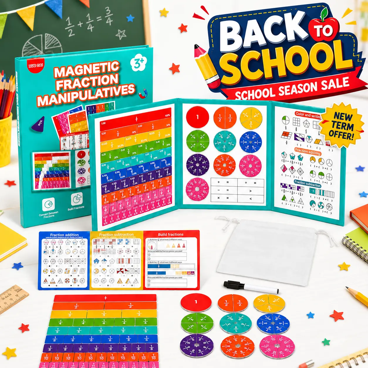Magnetic Fraction Tri-Fold Board Book (Deluxe Set) | Hands-On Visual Math Puzzle with Dry-Erase Cards | Teacher-Approved, Portable Manipulative for Stress-Free Fraction Learning | Ages 3+