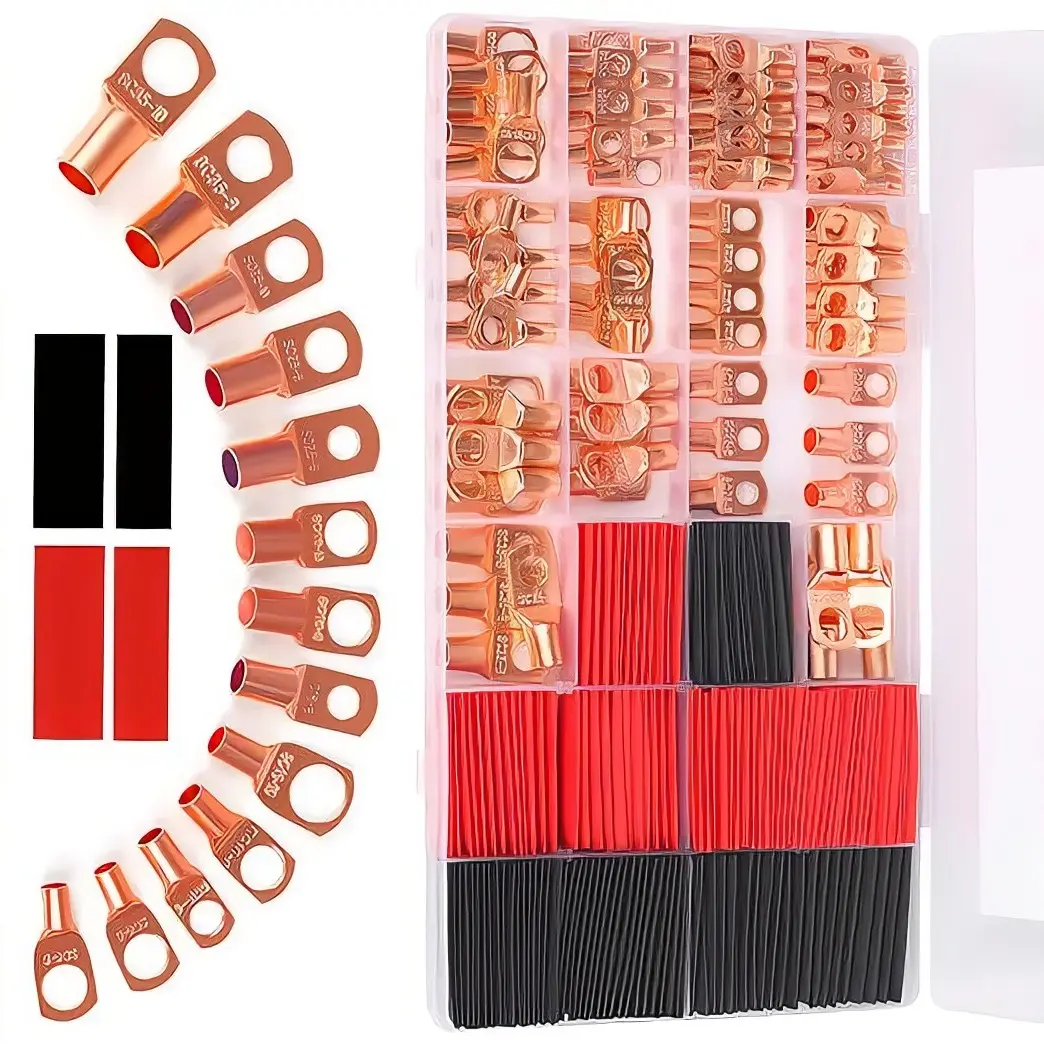 260-Piece Battery Cable Lugs & Heat Shrink Assortment – AWG 2 4 6 8 10 12 Heavy-Duty Copper Ring Terminals & Terminal Connectors Kit