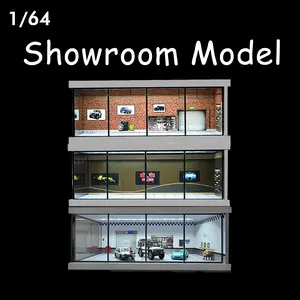 Diorama 1/64  Car Garage Showroom Model LED Lighting City Car Parking Lot Model For 1/64 Hot Wheel Model Car Background Display Scene Building Model Collection Gift