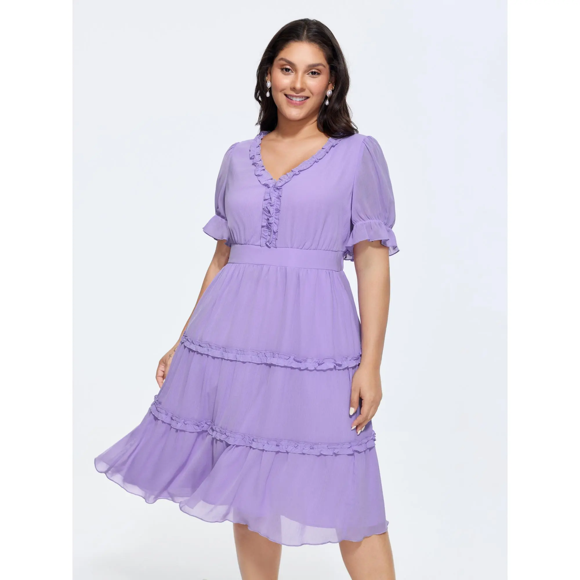 BLOOMCHIC Women's Plus Size Minimalist Comfy Breathable Polyester Midi Dress - Puff Long Sleeves, Ruffled Edge, Tiered V-Neck, Pocket, Smooth Fabric, Flattering Happy Curves Fit, Ready to Wear Brunch/Going Out Outfit, 2026 Summer Lilac Casual, Sizes M-6X,
