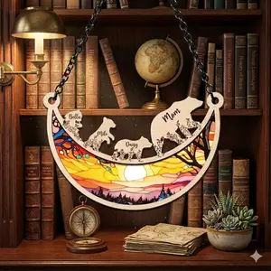 Personalized Bear Family Sun Catcher Decor – Custom Name Bear Window Hanging, Mother's Day Gift, Unique Birthday Gift for Mom with Kids Names