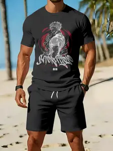 Men's 3D Digital Printed Two-Piece Set with Strongest Anime Characters, 2Pcs, Trendy Fashion Outfit, Retro Casual Two-Piece Suit, Vacation-Style Trendy Wear, Breathable Sports Casual Style, an Ideal Festival Gift for Men
