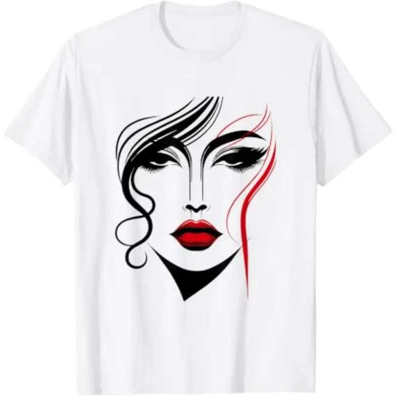 Art Makeup Shirts Abstract Red Lip Lady Face Graphic Tees T Shirts Daily Street Summer Outfit Holiday Birthday Makeup Lover Gift For Women