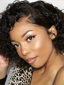 Short Curly Wave Pixie Cut Wig Human Hair 13x4 Transparent Lace Front Wig Curly Wave Wig Human Hair Wig 150% Density 8Inch Human Hair Wig for Daily Casual Party Halloween Christmas Kinky Curly Wig