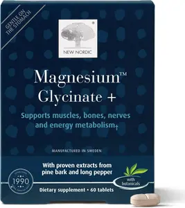 New Nordic Magnesium Glycinate, 220 mg Maximum Absorption Tablets with Pine Bark & Long Pepper, for Women & Men, 30 Servings Healthcare Vitamin