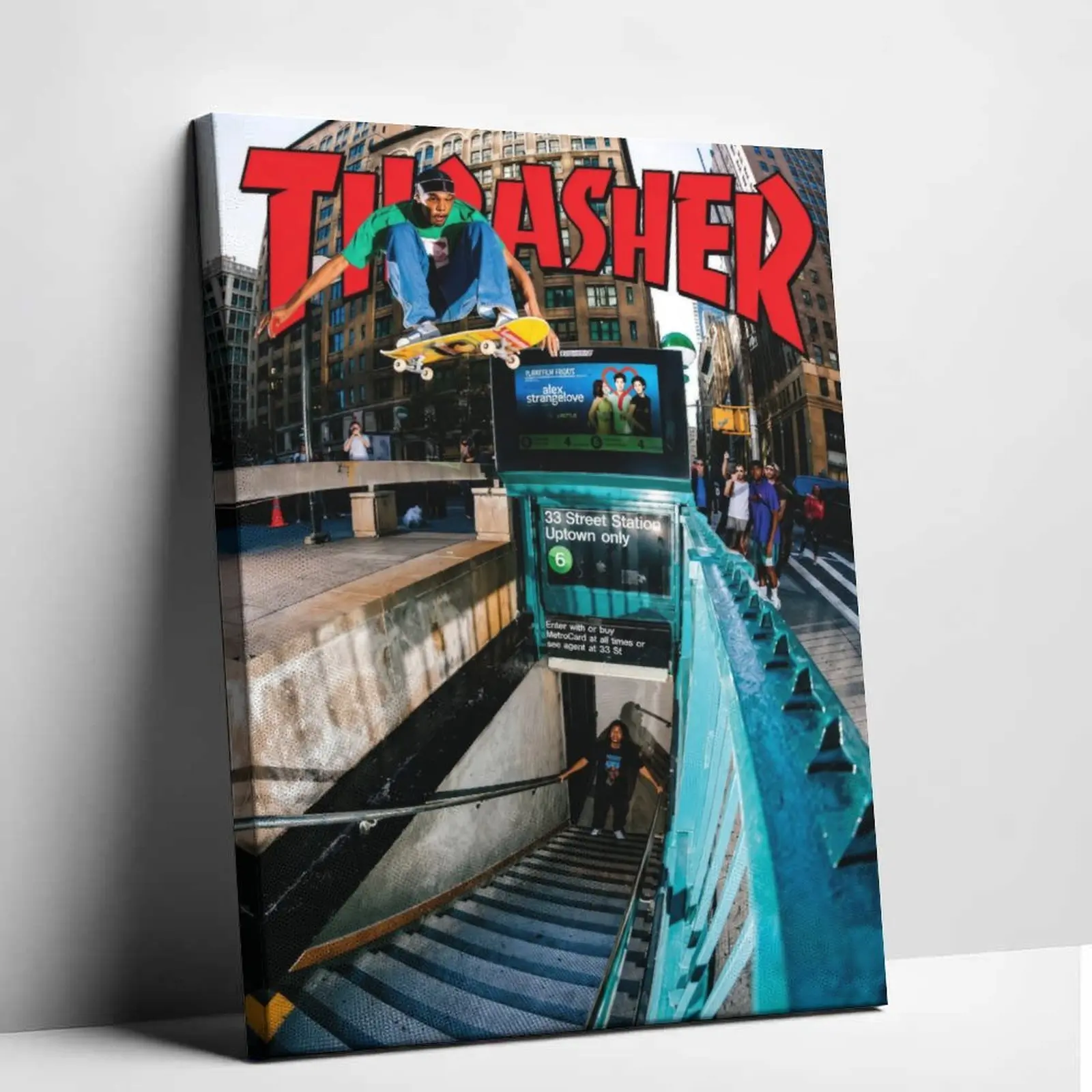 Thrasher NYC Subway Skateboard Canvas Print - Artistic Urban Street Skater Wall Artwork, Decorative NYC Skate Culture Aesthetic Poster for Skate Shop, Bedroom