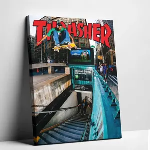 Thrasher NYC Subway Skateboard Canvas Print - Artistic Urban Street Skater Wall Artwork, Decorative NYC Skate Culture Aesthetic Poster for Skate Shop, Bedroom