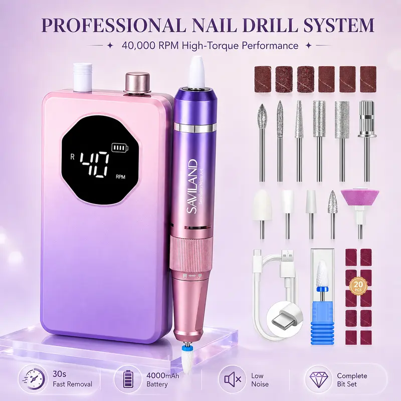 SAVILAND 2026 Professional E-File Nail Drill Pedicure Tool, 40000RPM Rechargeable Electric File for Nail Care - 30S Fast Acrylic Remover, Low Noise, Long-Lasting Battery, Gel Pedicure Tool for Tech & Salon Use