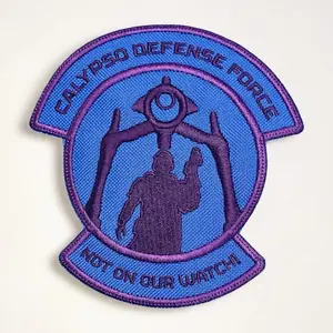 Calypso Defense Force "Not On Our Watch" Patch Helldivers Inspired Embroidered 4.77" x 4.98" Rich Purples & Blues for Tactical Gear Jackets Backpacks Cosplay Collector Displays