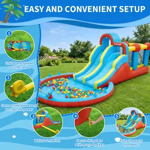 Exciting 6-in-1 Inflatable Water Slide Park, Dual Racing Slides Climbing Wall Trampoline Splash Pool, Large Outdoor Backyard Fun for Kids 3-12, All-Season US Standard, Perfect Children's Day Gift - SummerVibes