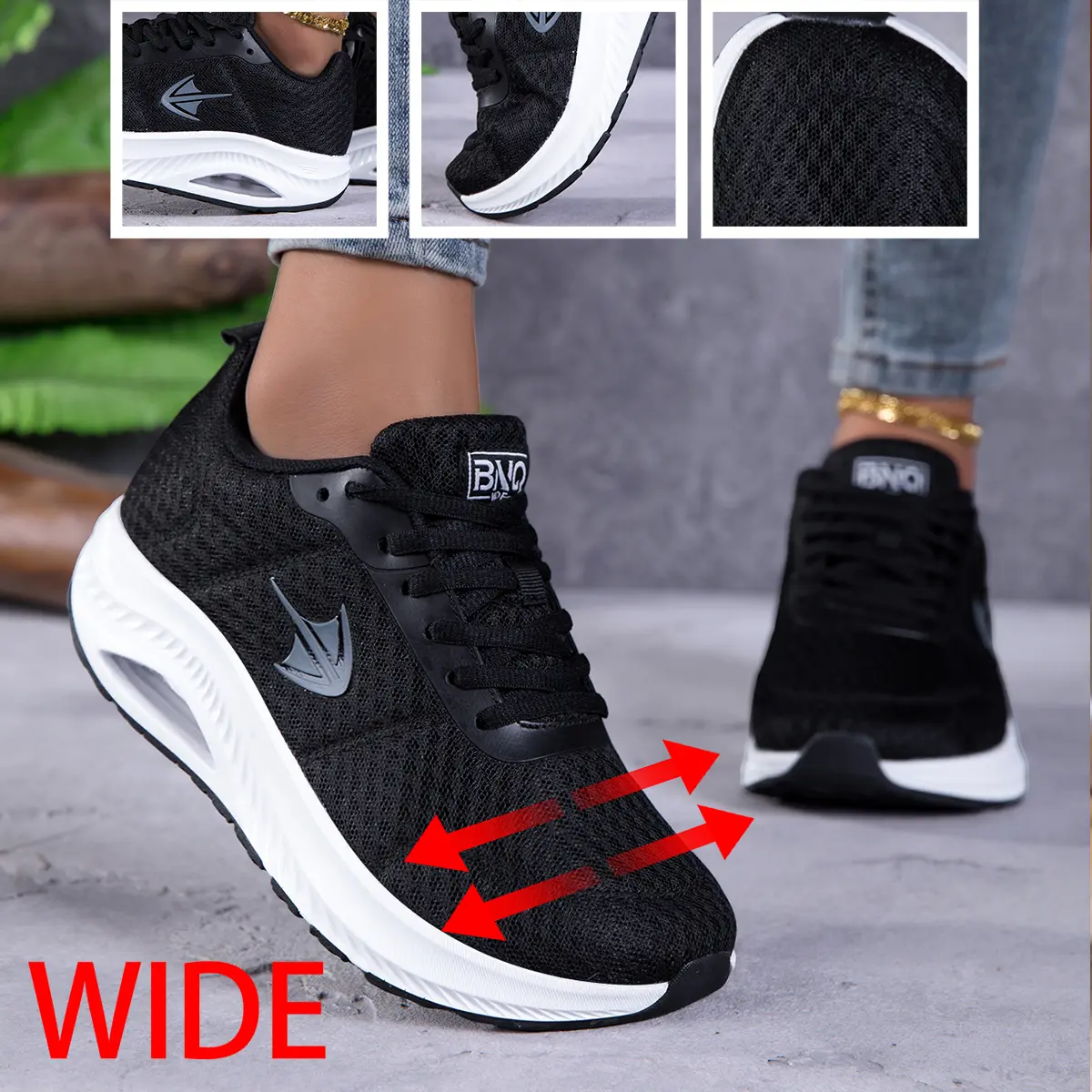 Women's Wide Toe Box Walking Sneakers - Rubber Sole, Air Cushion, Orthopedic Lace-Up, Anti-Slip, Basic Female Gym Shoes for Healthcare Workers & Teachers, Mesh