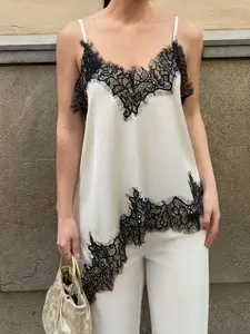 Women's Summer Fashion Lace Splicing Satin Halter Top, V Neck Adjustable Thin Straps Asymmetrical Hem, Elegant Feminine Party Dress Fit