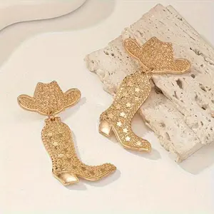 1 Pair Western Cowboy Boots & Hat Shaped Earrings - 14K Golden Plated Zinc Alloy Retro Bohemian Jewelry, Sparkling Accents for Weddings, Daily Wear & Parties - Women's Gift