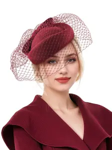 1pcs Fascinator Hat Wool Winter Wool Felt Pillbox Hat for Women Bridal Wedding Church Hat Veil Bowknot