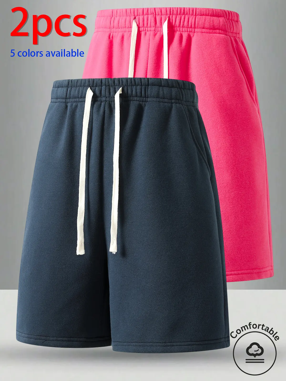 2-pack men’s shorts: men’s short shorts, men’s mid-length shorts, men’s cotton shorts. Elastic drawstring waistband design, loose straight fit, soft, skin-friendly solid-color casual shorts—suitable for home wear, strolling, workouts/running, and everyday