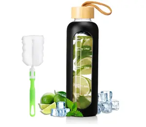 18 OZ Glass Water Bottles, Water Bottle with Time Marker, Sturdy, Leakproof Glass Water Bottles with Silicone Sleeves, Suitable for Offices and Gyms.