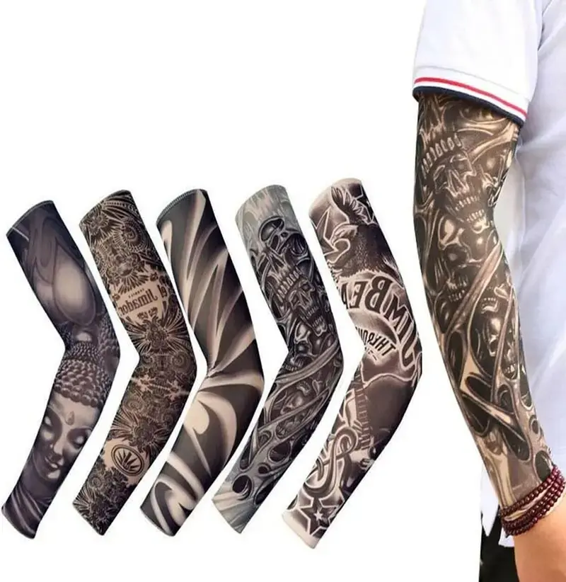 5-Pack Men's Armsleeve, Tattoo-Style Cooling Protective Sleeves with UV Sun Protection, Seamless No-Cuff Design for Driving & Cycling, Upper Arm Sleeve, Sports Sleeve