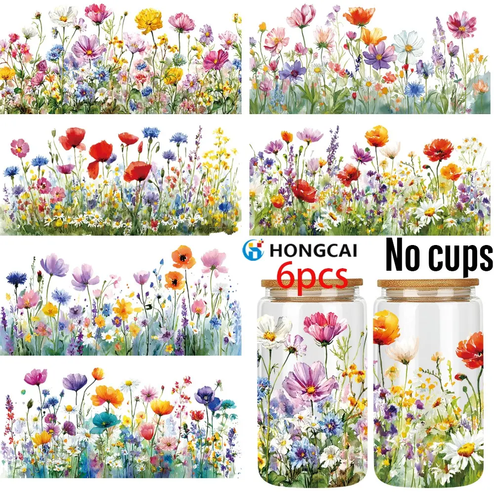 6 Piece Watercolor Floral UV DTF Stickers, Art & Aesthetic Stickers, Fits 16 Oz Cups, Vibrant Wildflowers, Fresh Meadow Elements, Waterproof Scratch Resistant