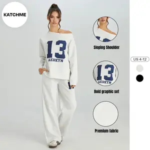 KatchMe Women's Casual Solid Color Sloping Shoulder Letter Print Long Sleeve Top & Wide Leg Trousers Co-ord, Versatile Loose Tracksuit, Minimalist Two Piece Outfits