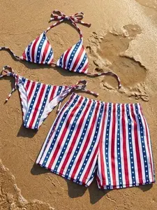American Flag Stars Stripes Matching Bikini Set Board Shorts 4th of July Patriotic Beach Outfit Red White Blue Couple Swimwear Summer Sunbathing Pool Party Vacation Comfy Casual