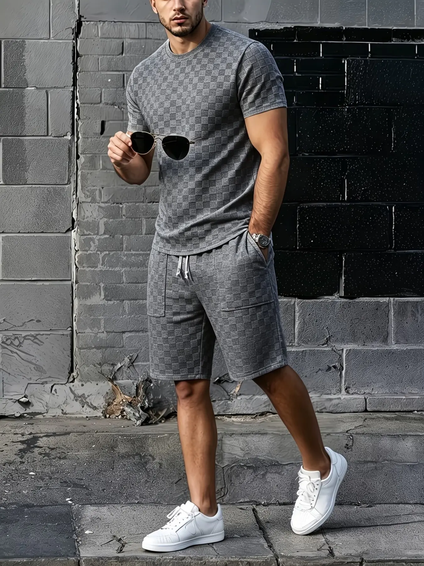 Men's Checkered Short Sleeve Shorts Set, Round Neck Top with Drawstring, Breathable Fabric, Summer Streetwear Casual