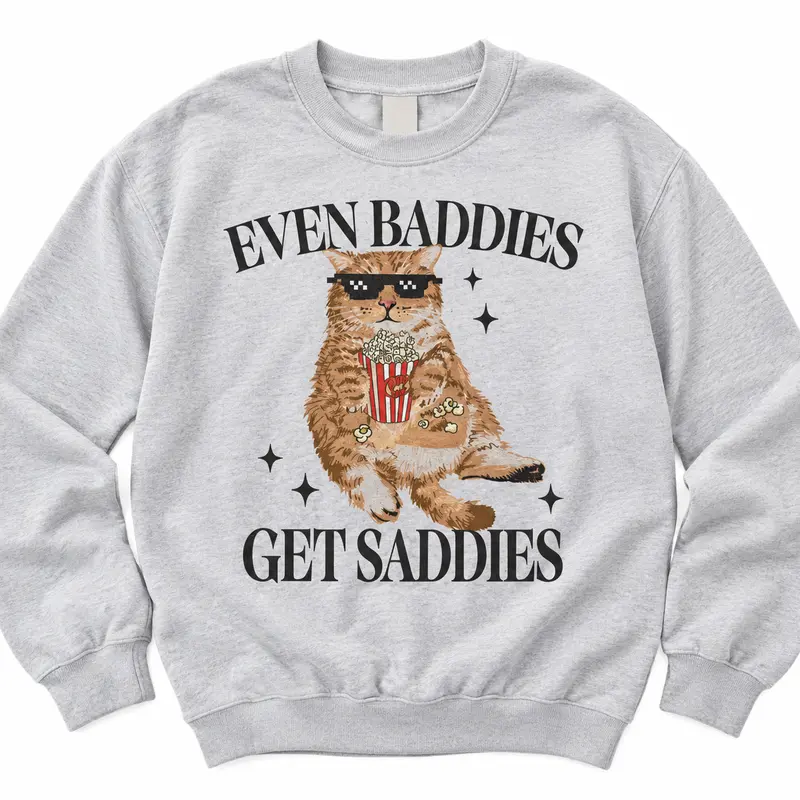 Even Baddies Get Saddies Cat on  Ash Gray T-Shirt or Sweatshirt