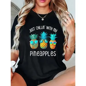 100% Cotton Casual Tshirt 3 Pineapples Sunglasses Chillin Fun Hawaiian Tropical Summer T-Shirt Breathable Fabric pineapple shirts cruise