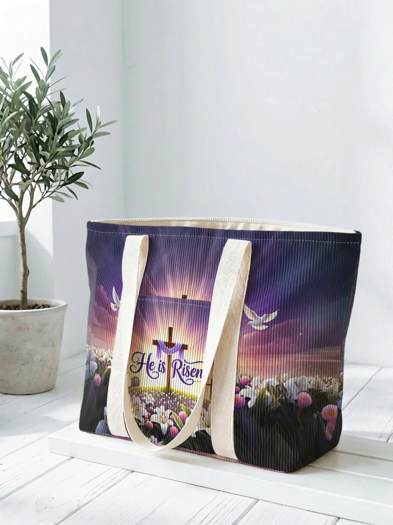 1 piece of cross + HeisRisen 2D printed Everyday Market Tote bag, large capacity space|commuting/shopping/working all-purpose|carry the gentleness and faith of Easter in your hands, Easter, Casual Shopping Bag