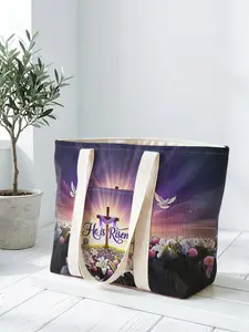 1 piece of cross + HeisRisen 2D printed tote bag, large capacity space|commuting/shopping/working all-purpose|carry the gentleness and faith of Easter in your hands, Easter