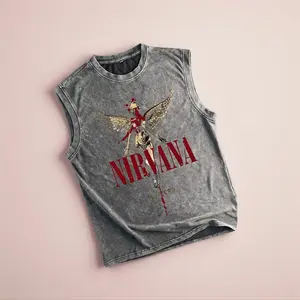 Dark Angel Print Retro Distressed Men's Vest Round Neck Trendy Sleeveless Top for Music Lovers Summer Wear Fitted Cut Vintage Aesthetic Street Fashion