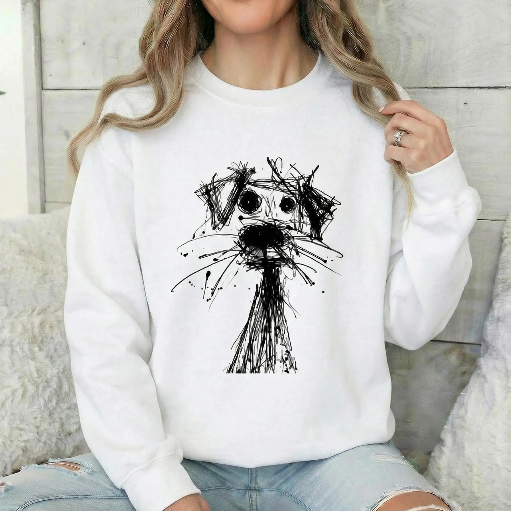 Women's Unisex Round Neck Abstract Dog Line Art Sweatshirt - Solid White Cotton Fabric, Cute Puppy Scribble Sketch, Minimalist Graphic Pullover, Comfortable Casual Streetwear for Animal Lovers