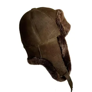 Leather Aviator  Ushanka Trapper Shearling Sheepskin Fur Ear Flap Waterproof Winter Hat