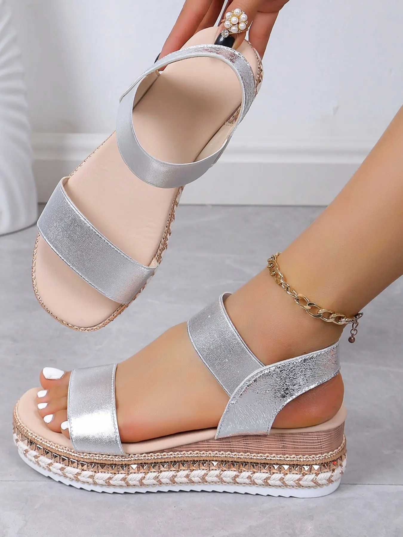 Women's Fashionable Boho Style Rhinestone Decorated Platform Sandals, Casual Comfortable Wedge Sandals for Beach Vacation, Trendy Exquisite Slide Sandals for Women, Strappy Summer Sandals, Footwear, Bohemian Trending Sandals