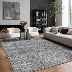 5x7 Area Rugs for Living Room Bedroom, Vintage Grey Washable Rug, Boho Floral Non Slip Low Pile Carpet for Indoor Dining Room, Farmhouse, Office and Dorm(Grey 5'x7')