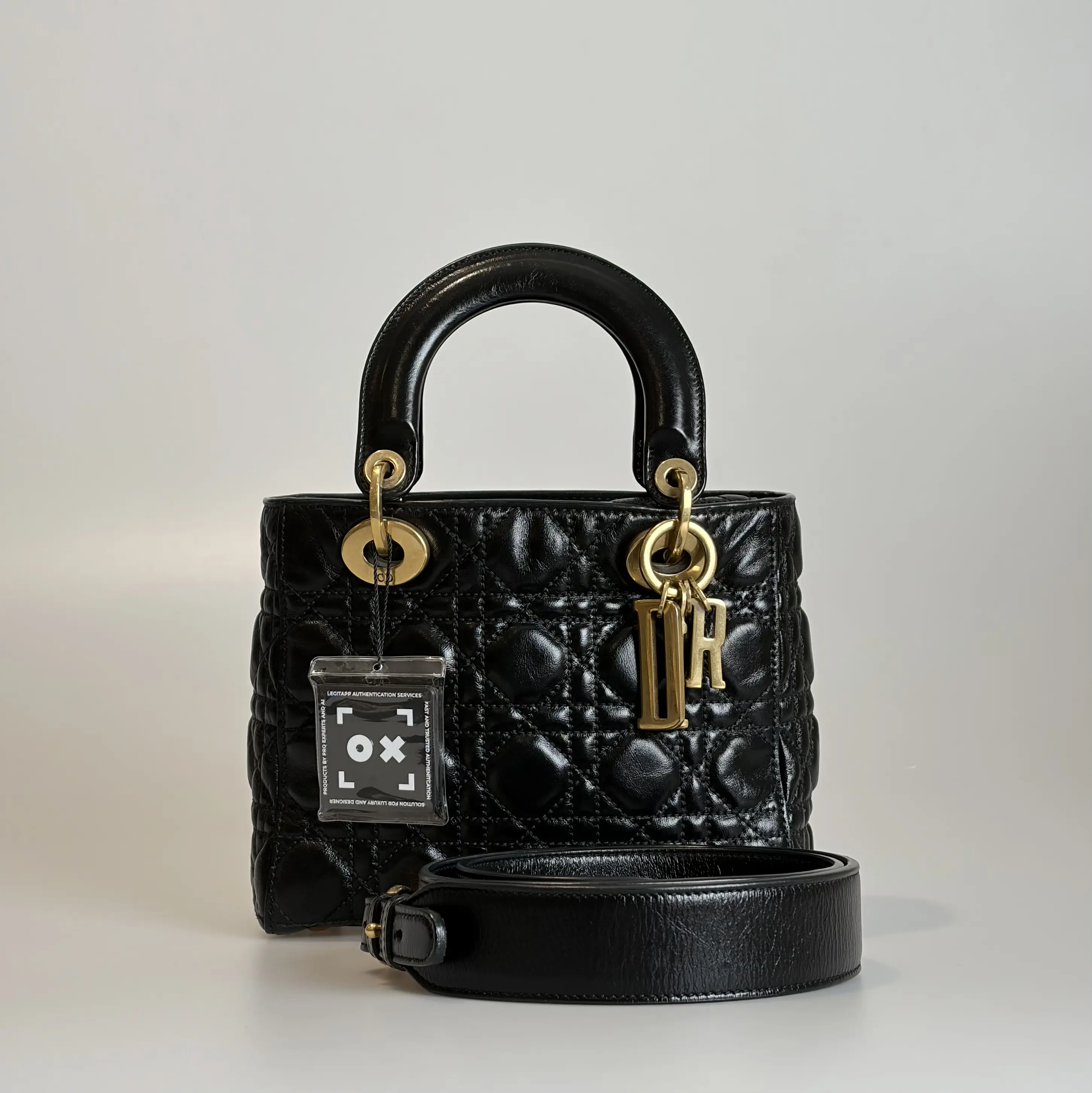 Pre-owned Dior Glazed Calfskin Shoulder Bag Pre‑Owned Lady Small 4 Compartments Black Cannage Gold‑Tone Hardware 17801073 Sold As Is / Final Sale