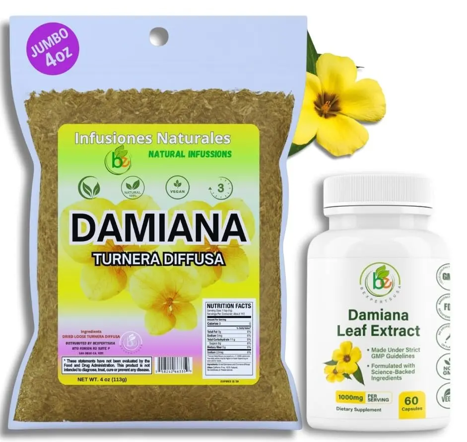 Damiana Tea + Capsules, Combo Pack – 4 oz Loose Herbal Te + 60 Veggie Capsules(1000 mg per serving) Authentic- 100% Natural,Vegan,Non-GMO,Caffeine-Free,Wellness & Balance Support by BexpertsUSA