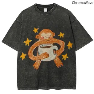 ChromaWave Star Monkey Unisex Vintage Washed Tee, Vintage Distressed Coloful Washed Tee- Wash Shirt - Natural Theme Unisex Streetwear Valentine's Day Valentine's Day gift hooded sweatshirt round-neck sweatshirt