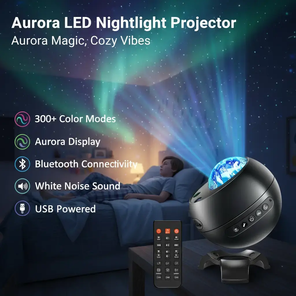 1 Fire Northern Lights Galaxy Projector, 300+ Color Modes Aurora Display, 15 White Noise Sound Machine with Bluetooth, USB Mobile Light for 7-15 Year Old Boys' Birthday Gifts, Bedroom Use