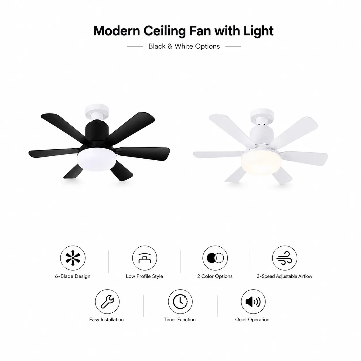 Modern Low Profile Ceiling Fan with Light, 6-Blade Fan & Light Combo, 3-Speed Adjustable, Timer-Setting, Easy-to-Install, Dimmable, Black & White Options for Bedroom, Kitchen, Lights