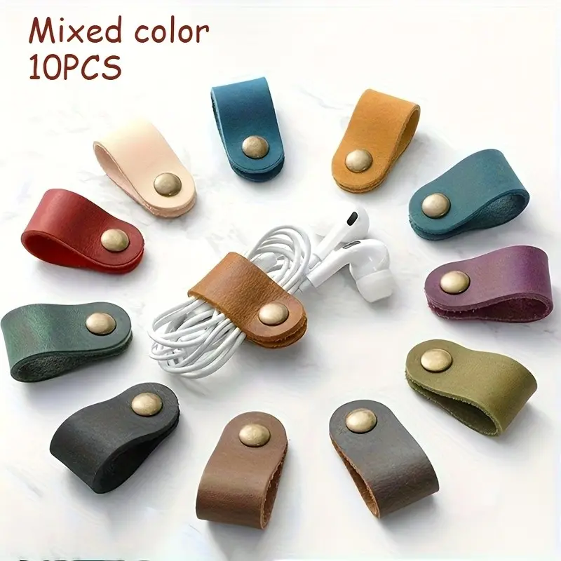 10 Mixed PU Leather Data Line Earphone Cable Ties, Durable and Flexible, Ideal for Organizing Headphones and Cables, Modern Cable Manager