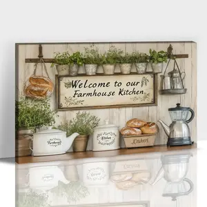 Kitchen Canvas Wall Art, Rustic Bread Farm Supplies Painting Pictures for Home Wall Decor, Framed Welcome to our Farmhouse Kitchen Country Landscape Prints Posters for Living Room Artwork